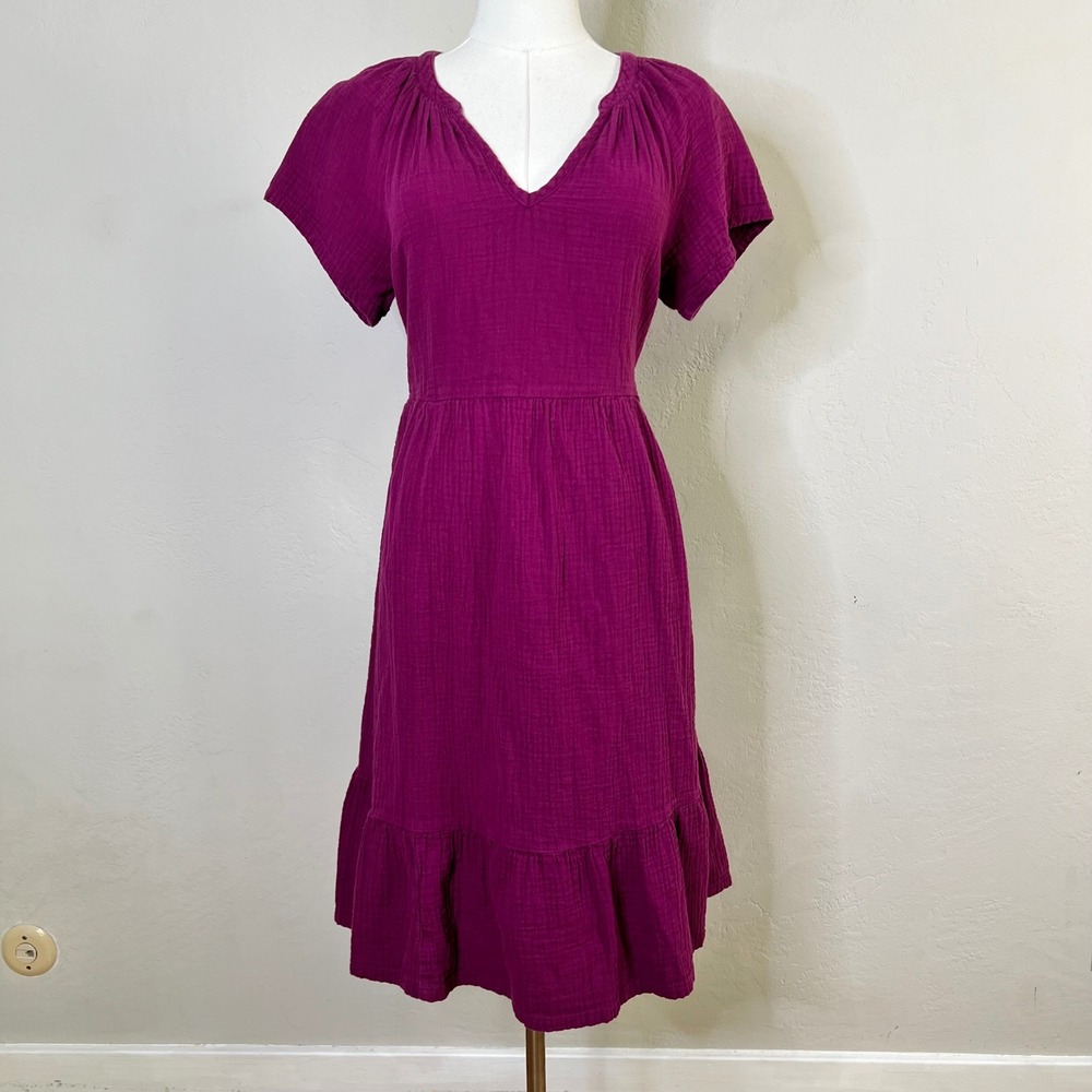 Pact Dress Gauze Midi Size S Purple V-Neck Short Sleeve Ruffle Hem Tie Back